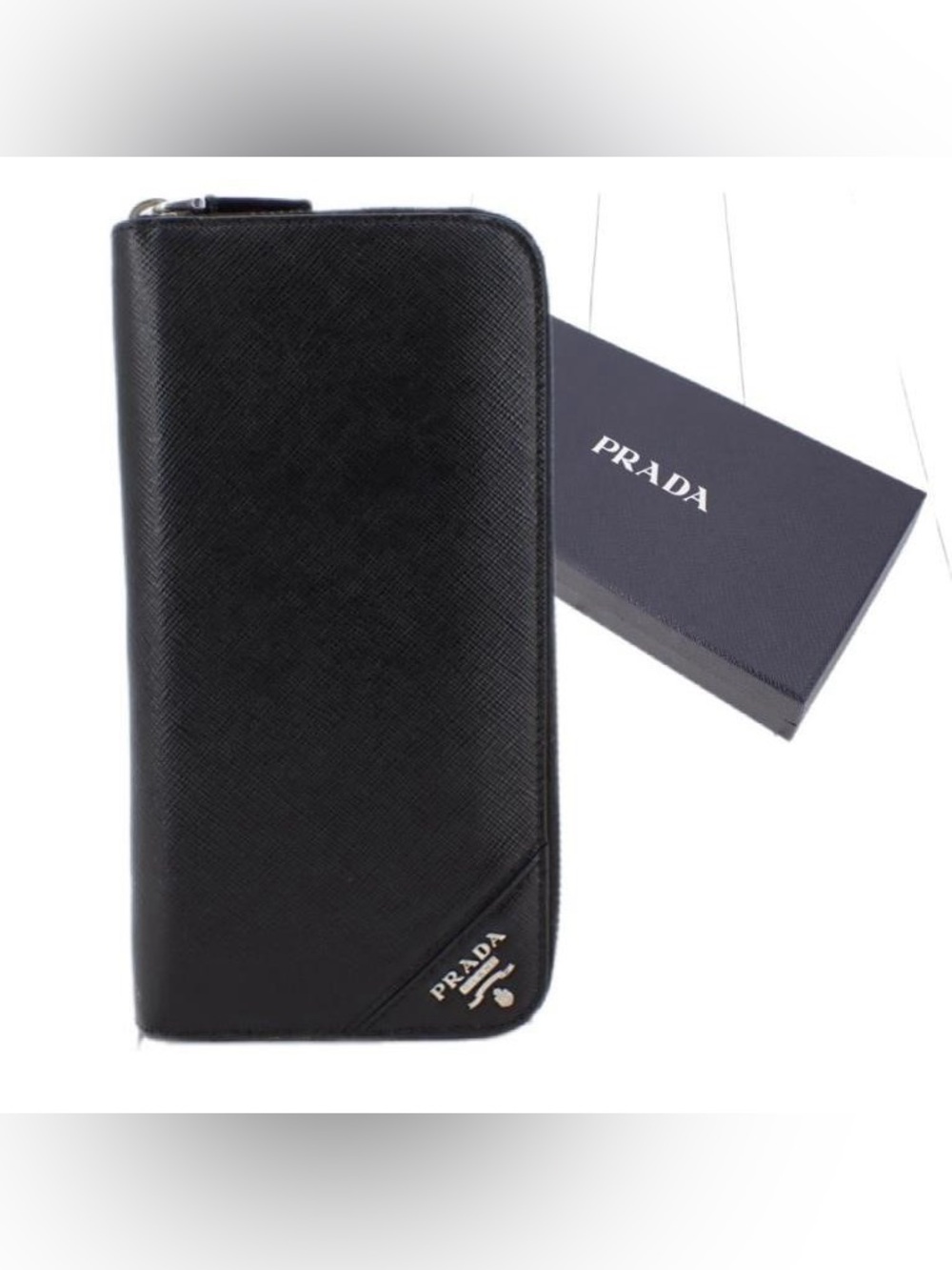 Prada Black Saffiano Zip-Around Long Wallet with Box